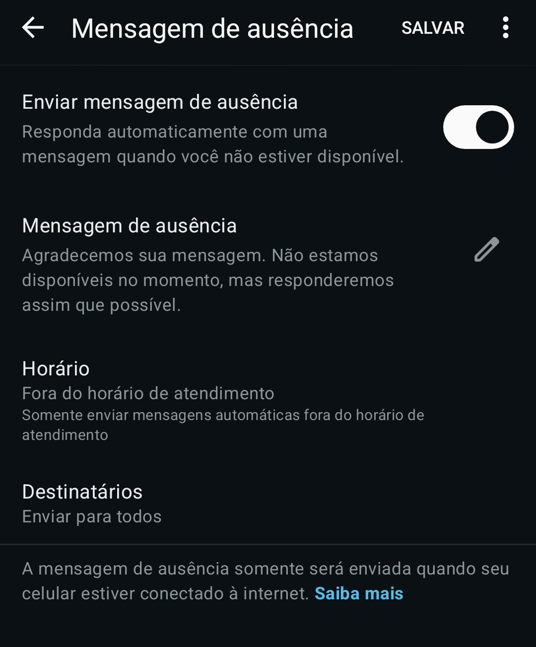Ativar mensagem automatica Whatsapp Business