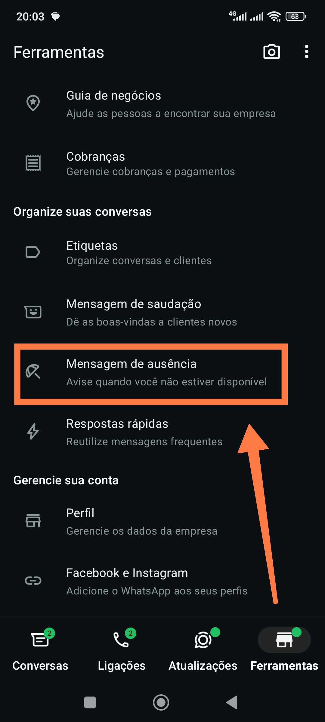 Mensagem de ausência configuradas no WhatsApp Business para atendimento de guincho