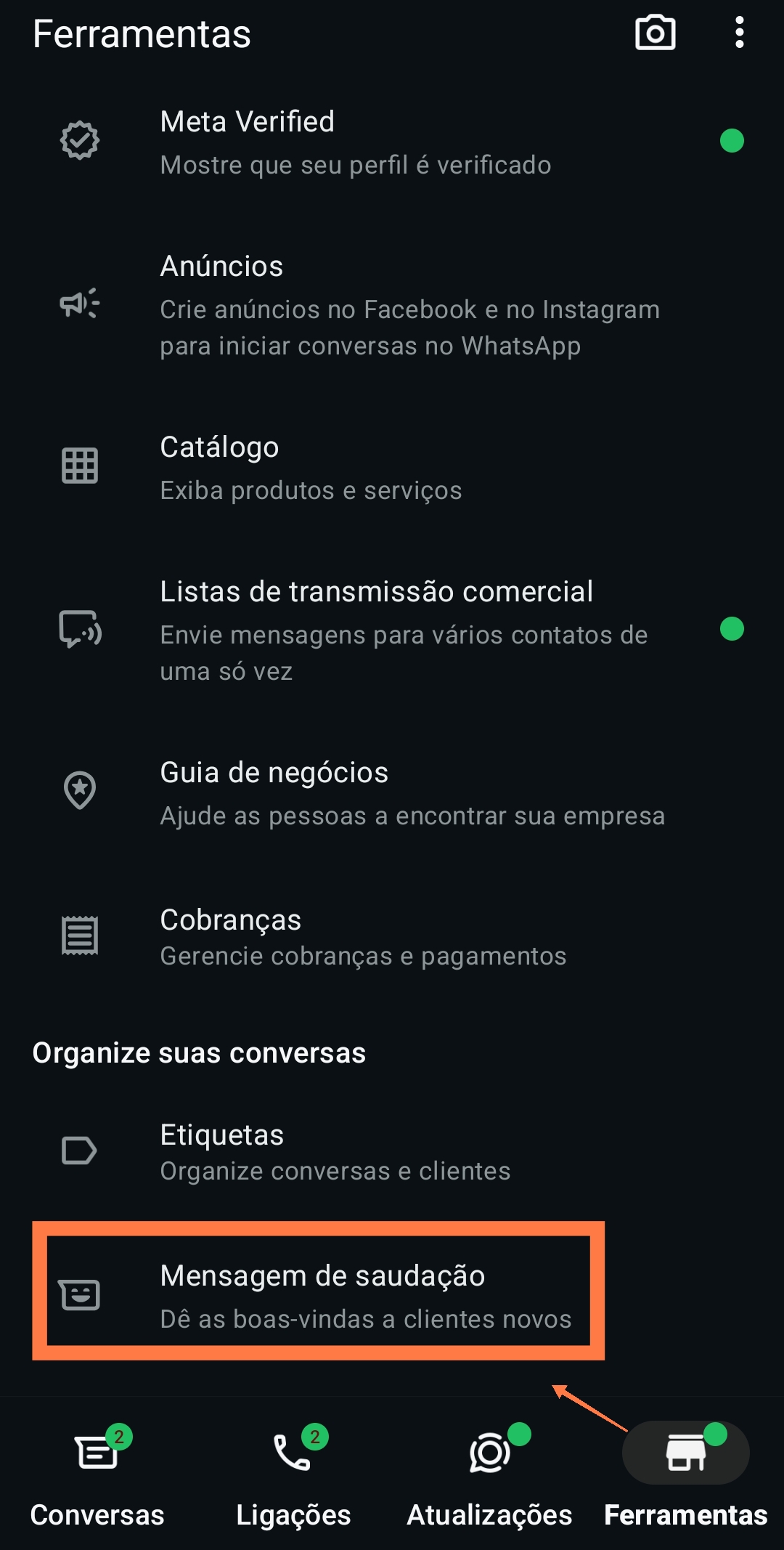 Exemplo de mensagem de saudação automática no WhatsApp Business para guincheiros