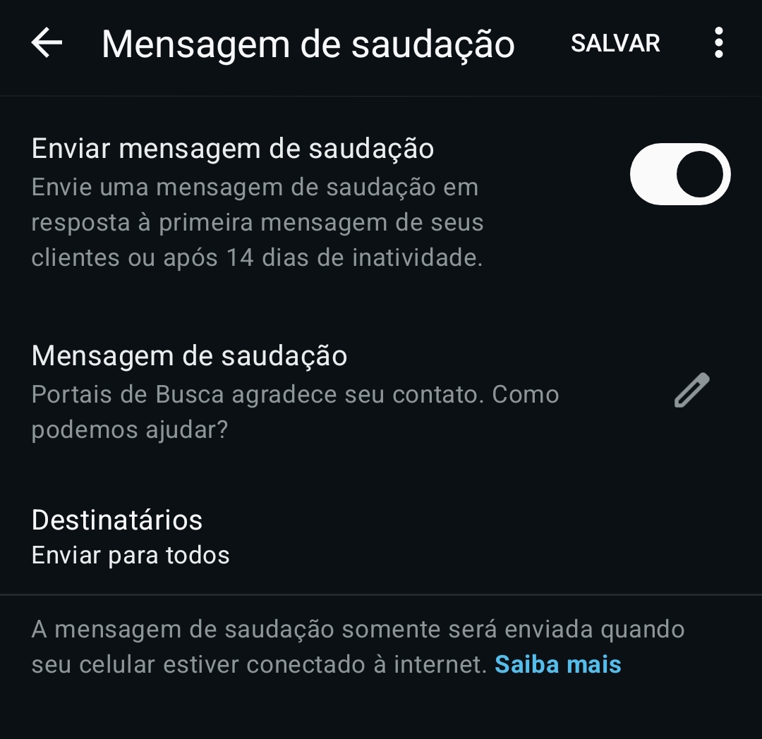 ativando a mensagem de saudação automática no WhatsApp Business para guincheiros