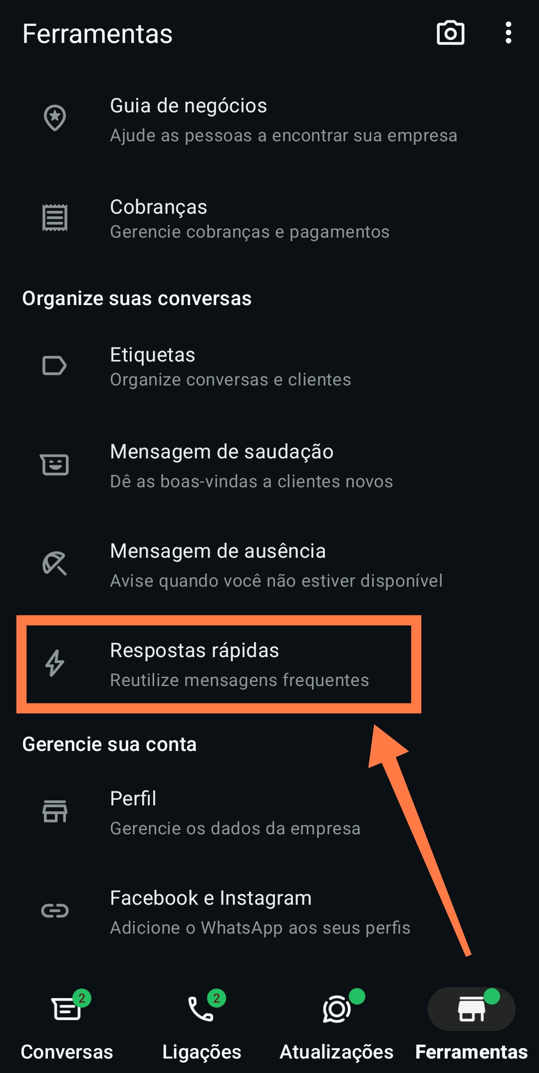 Respostas rápidas configuradas no WhatsApp Business para atendimento de guincho