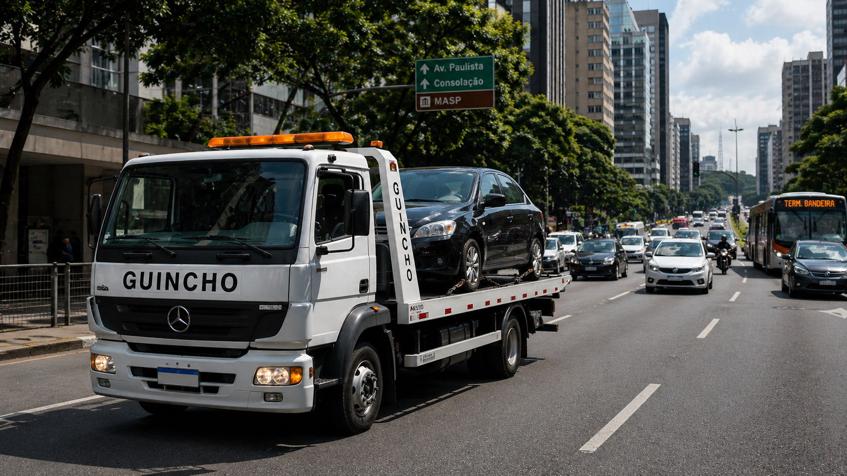 Caminhão guincho rebocando carro de passeio