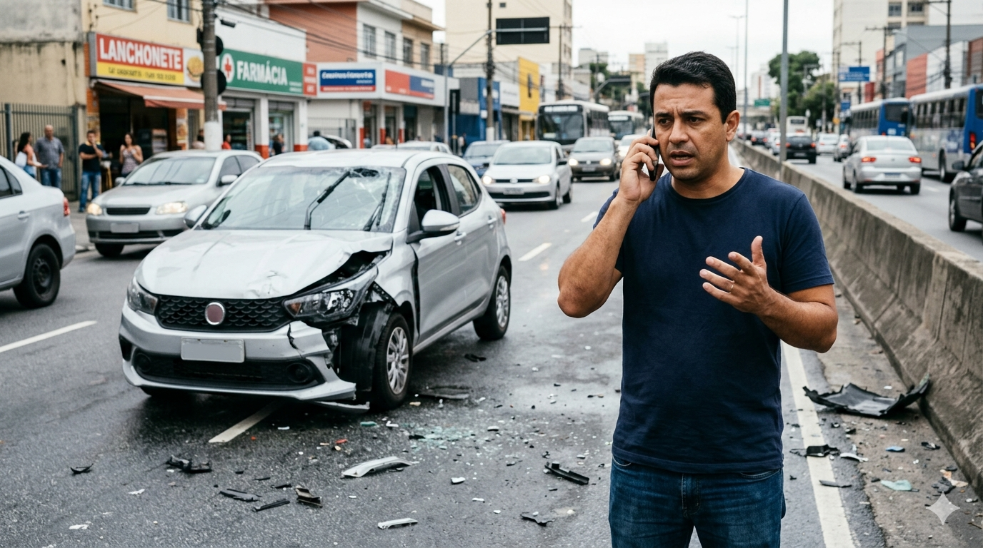 Motorista ao telefone após acidente de carro em via pública, veículo com danos visíveis ao fundo